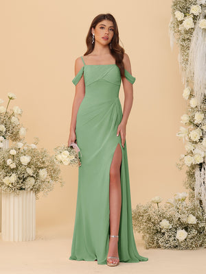 Sheath/Column Off-the-Shoulder Spaghetti Straps Long Ruched Bridesmaid Dresses With Side Slit
