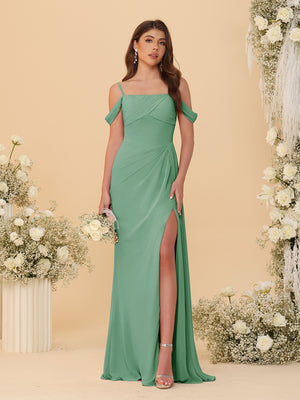 Sheath/Column Off-the-Shoulder Spaghetti Straps Long Ruched Bridesmaid Dresses With Side Slit