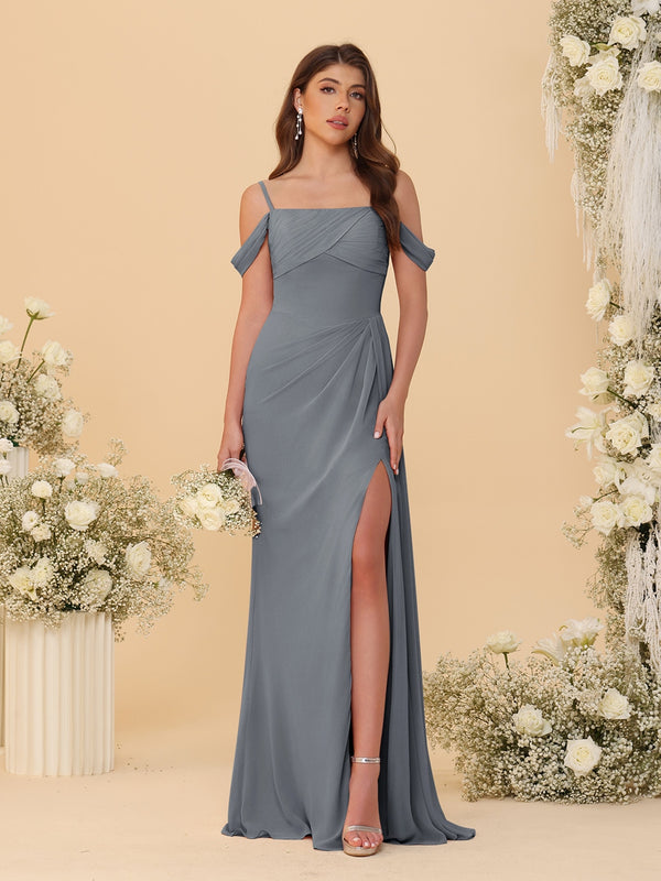 Sheath/Column Off-the-Shoulder Spaghetti Straps Long Ruched Bridesmaid Dresses With Side Slit
