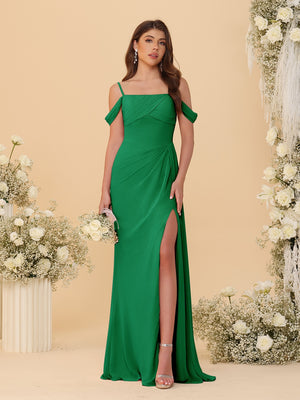 Sheath/Column Off-the-Shoulder Spaghetti Straps Long Ruched Bridesmaid Dresses With Side Slit