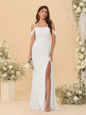 Sheath/Column Off-the-Shoulder Spaghetti Straps Long Ruched Bridesmaid Dresses With Side Slit