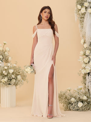 Sheath/Column Off-the-Shoulder Spaghetti Straps Long Ruched Bridesmaid Dresses With Side Slit