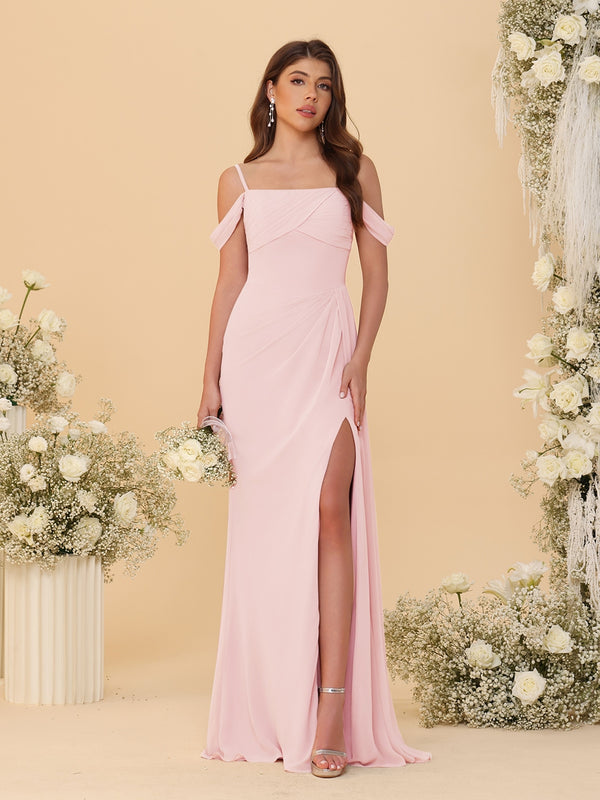 Sheath/Column Off-the-Shoulder Spaghetti Straps Long Ruched Bridesmaid Dresses With Side Slit