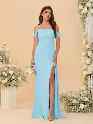 Sheath/Column Off-the-Shoulder Spaghetti Straps Long Ruched Bridesmaid Dresses With Side Slit