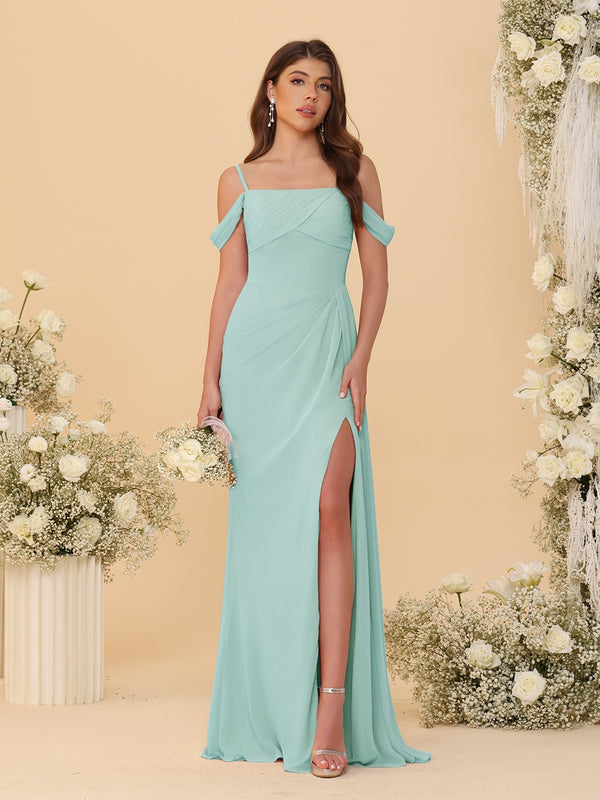 Sheath/Column Off-the-Shoulder Spaghetti Straps Long Ruched Bridesmaid Dresses With Side Slit