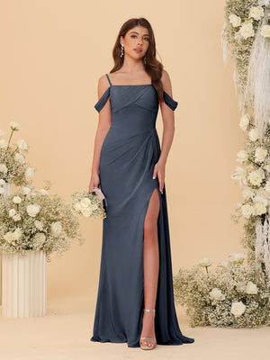 Sheath/Column Off-the-Shoulder Spaghetti Straps Long Ruched Bridesmaid Dresses With Side Slit