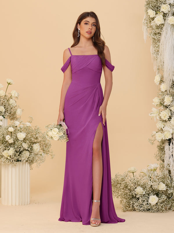 Sheath/Column Off-the-Shoulder Spaghetti Straps Long Ruched Bridesmaid Dresses With Side Slit