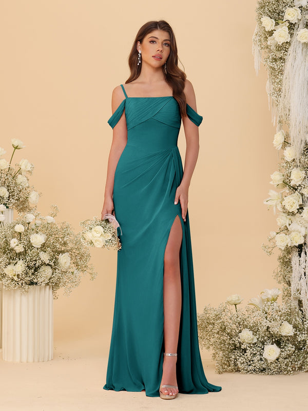 Sheath/Column Off-the-Shoulder Spaghetti Straps Long Ruched Bridesmaid Dresses With Side Slit