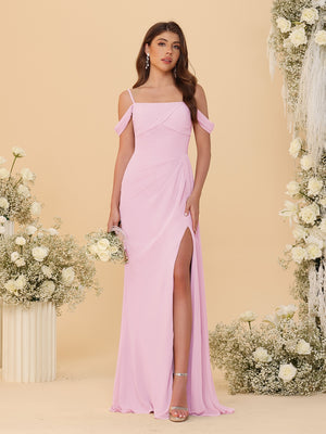 Sheath/Column Off-the-Shoulder Spaghetti Straps Long Ruched Bridesmaid Dresses With Side Slit
