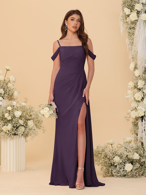 Sheath/Column Off-the-Shoulder Spaghetti Straps Long Ruched Bridesmaid Dresses With Side Slit