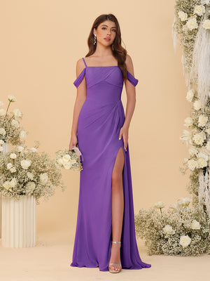 Sheath/Column Off-the-Shoulder Spaghetti Straps Long Ruched Bridesmaid Dresses With Side Slit
