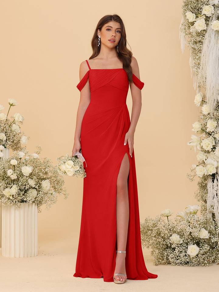 Sheath/Column Off-the-Shoulder Spaghetti Straps Long Ruched Bridesmaid Dresses With Side Slit