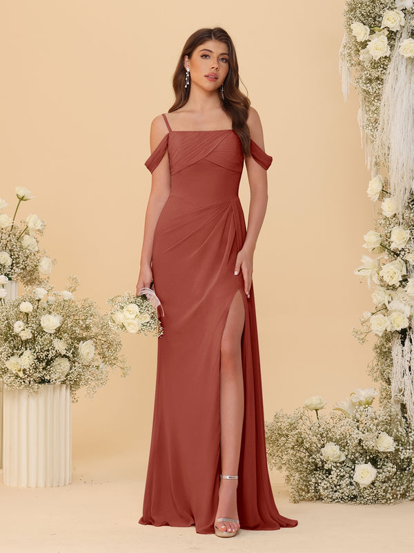 Sheath/Column Off-the-Shoulder Spaghetti Straps Long Ruched Bridesmaid Dresses With Side Slit