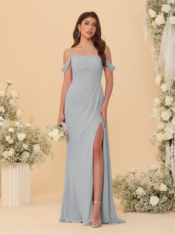 Sheath/Column Off-the-Shoulder Spaghetti Straps Long Ruched Bridesmaid Dresses With Side Slit