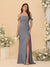 Sheath/Column Off-the-Shoulder Spaghetti Straps Long Ruched Bridesmaid Dresses With Side Slit