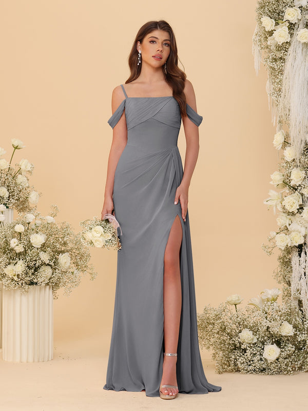 Sheath/Column Off-the-Shoulder Spaghetti Straps Long Ruched Bridesmaid Dresses With Side Slit