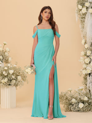 Sheath/Column Off-the-Shoulder Spaghetti Straps Long Ruched Bridesmaid Dresses With Side Slit