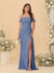 Sheath/Column Off-the-Shoulder Spaghetti Straps Long Ruched Bridesmaid Dresses With Side Slit