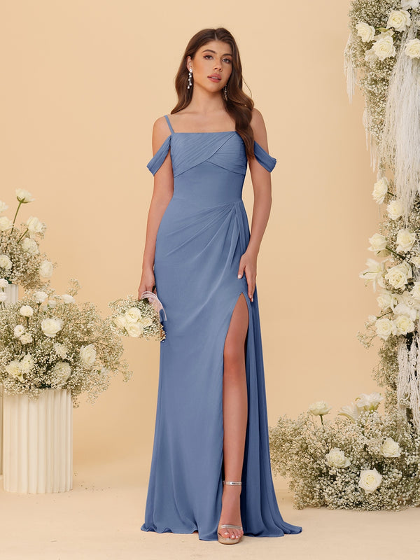 Sheath/Column Off-the-Shoulder Spaghetti Straps Long Ruched Bridesmaid Dresses With Side Slit
