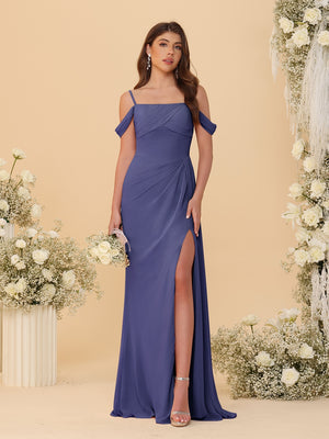 Sheath/Column Off-the-Shoulder Spaghetti Straps Long Ruched Bridesmaid Dresses With Side Slit