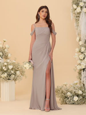 Sheath/Column Off-the-Shoulder Spaghetti Straps Long Ruched Bridesmaid Dresses With Side Slit