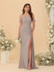 Sheath/Column Off-the-Shoulder Spaghetti Straps Long Ruched Bridesmaid Dresses With Side Slit