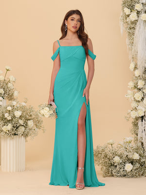 Sheath/Column Off-the-Shoulder Spaghetti Straps Long Ruched Bridesmaid Dresses With Side Slit