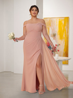 Sheath/Column Off-the-Shoulder Spaghetti Straps Plus Size  Bridesmaid Dresses With Side Slit