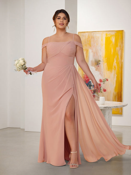 Sheath/Column Off-the-Shoulder Spaghetti Straps Plus Size  Bridesmaid Dresses With Side Slit