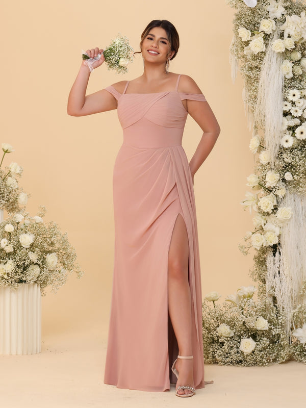 Sheath/Column Off-the-Shoulder Spaghetti Straps Plus Size  Bridesmaid Dresses With Side Slit