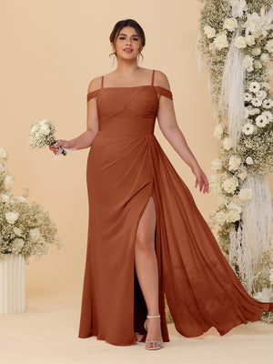 Sheath/Column Off-the-Shoulder Spaghetti Straps Plus Size  Bridesmaid Dresses With Side Slit