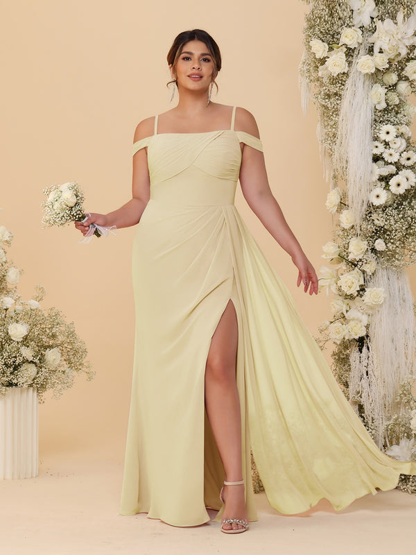 Sheath/Column Off-the-Shoulder Spaghetti Straps Plus Size  Bridesmaid Dresses With Side Slit