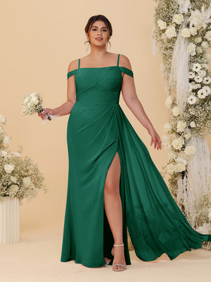 Sheath/Column Off-the-Shoulder Spaghetti Straps Plus Size  Bridesmaid Dresses With Side Slit