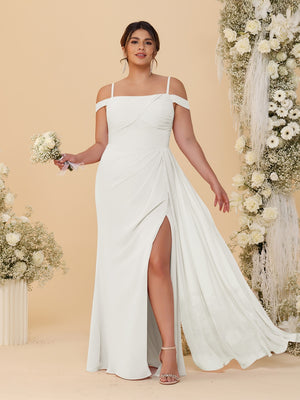 Sheath/Column Off-the-Shoulder Spaghetti Straps Plus Size  Bridesmaid Dresses With Side Slit