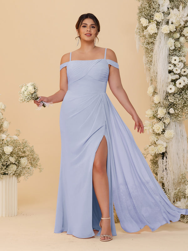 Sheath/Column Off-the-Shoulder Spaghetti Straps Plus Size  Bridesmaid Dresses With Side Slit