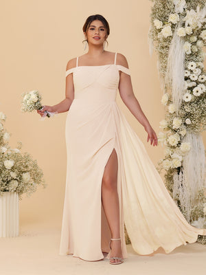 Sheath/Column Off-the-Shoulder Spaghetti Straps Plus Size  Bridesmaid Dresses With Side Slit