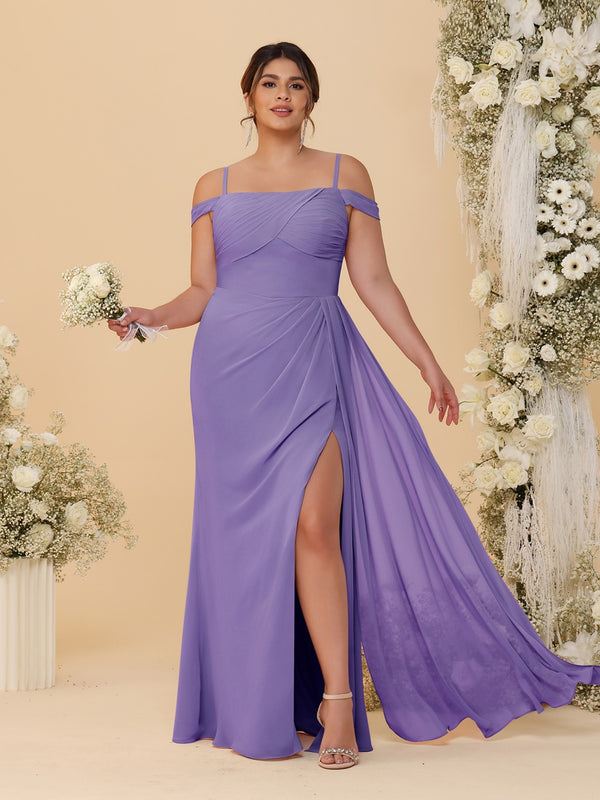 Sheath/Column Off-the-Shoulder Spaghetti Straps Plus Size  Bridesmaid Dresses With Side Slit