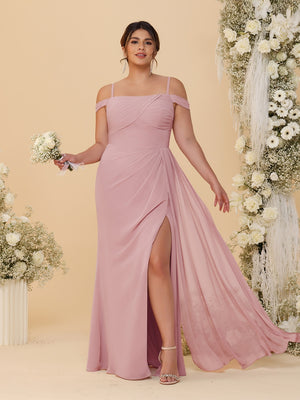 Sheath/Column Off-the-Shoulder Spaghetti Straps Plus Size  Bridesmaid Dresses With Side Slit
