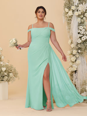 Sheath/Column Off-the-Shoulder Spaghetti Straps Plus Size  Bridesmaid Dresses With Side Slit