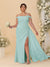 Sheath/Column Off-the-Shoulder Spaghetti Straps Plus Size  Bridesmaid Dresses With Side Slit