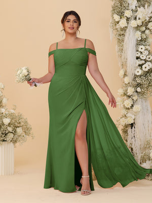 Sheath/Column Off-the-Shoulder Spaghetti Straps Plus Size  Bridesmaid Dresses With Side Slit