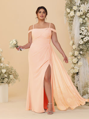 Sheath/Column Off-the-Shoulder Spaghetti Straps Plus Size  Bridesmaid Dresses With Side Slit