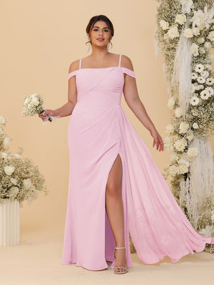 Sheath/Column Off-the-Shoulder Spaghetti Straps Plus Size  Bridesmaid Dresses With Side Slit