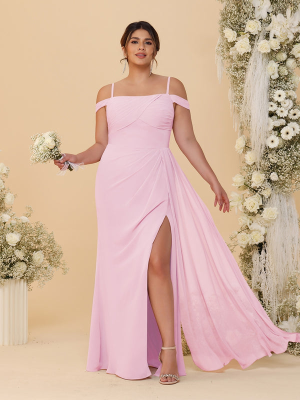 Sheath/Column Off-the-Shoulder Spaghetti Straps Plus Size  Bridesmaid Dresses With Side Slit