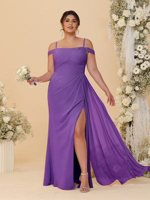 Sheath/Column Off-the-Shoulder Spaghetti Straps Plus Size  Bridesmaid Dresses With Side Slit