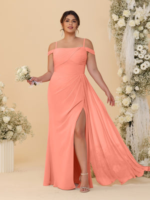 Sheath/Column Off-the-Shoulder Spaghetti Straps Plus Size  Bridesmaid Dresses With Side Slit