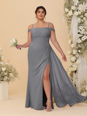 Sheath/Column Off-the-Shoulder Spaghetti Straps Plus Size  Bridesmaid Dresses With Side Slit