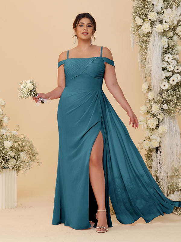 Sheath/Column Off-the-Shoulder Spaghetti Straps Plus Size  Bridesmaid Dresses With Side Slit