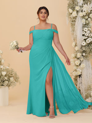 Sheath/Column Off-the-Shoulder Spaghetti Straps Plus Size  Bridesmaid Dresses With Side Slit