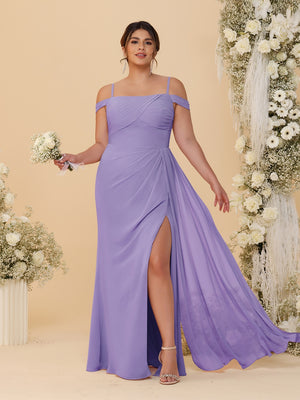 Sheath/Column Off-the-Shoulder Spaghetti Straps Plus Size  Bridesmaid Dresses With Side Slit